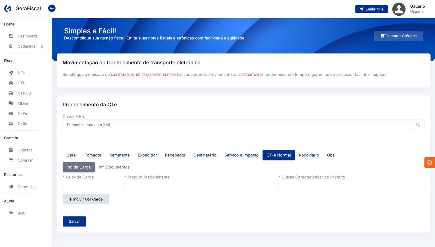 Guia CT-e Normal, com a carga e os documentos