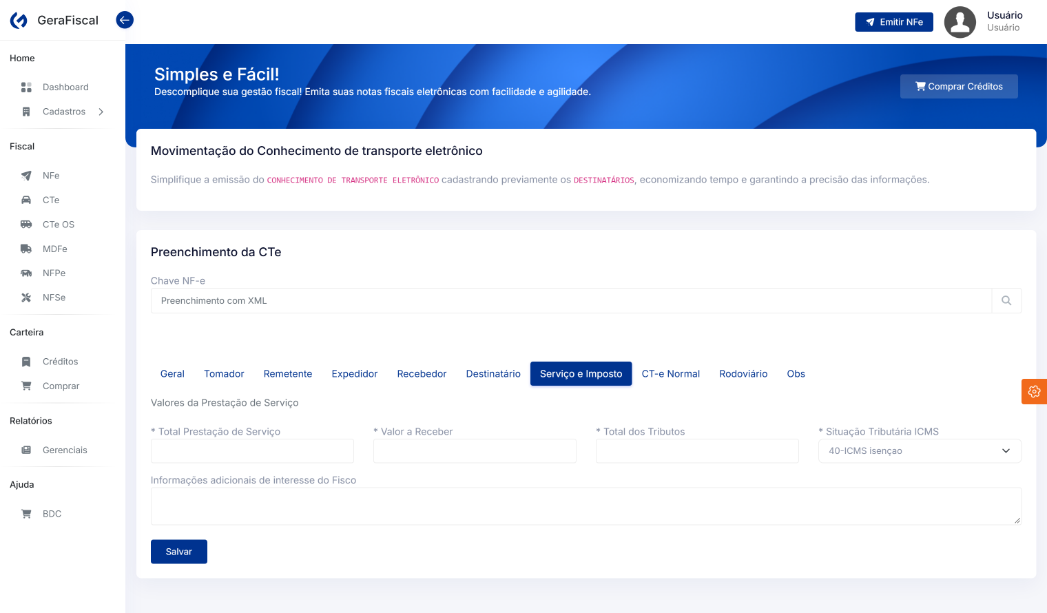 Guia Serviço e Imposto do CT-e